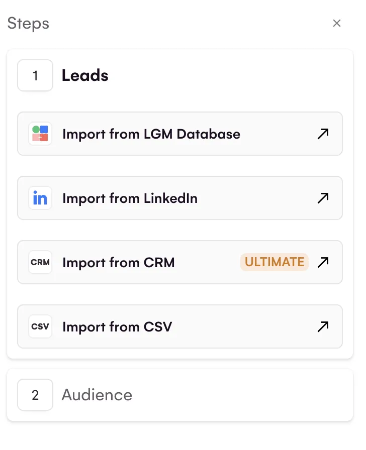 The import options in La Growth Machine: LGM Database, LinkedIn, CRM and CSV